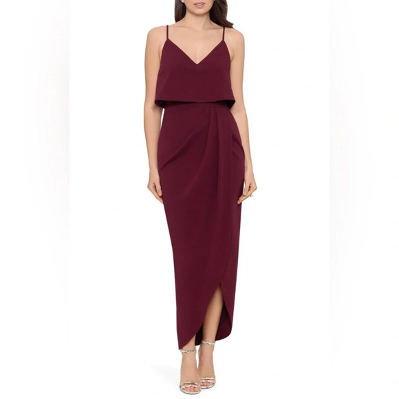 NWT XSCAPE Scuba Crepe Popover Faux Wrap Midi Dress Size 8 Maroon - Picture 1 of 6